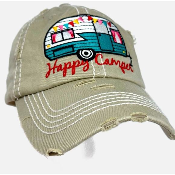 Happy Camper Distressed Style Ballcap Hat - Tan - Picture 1 of 4